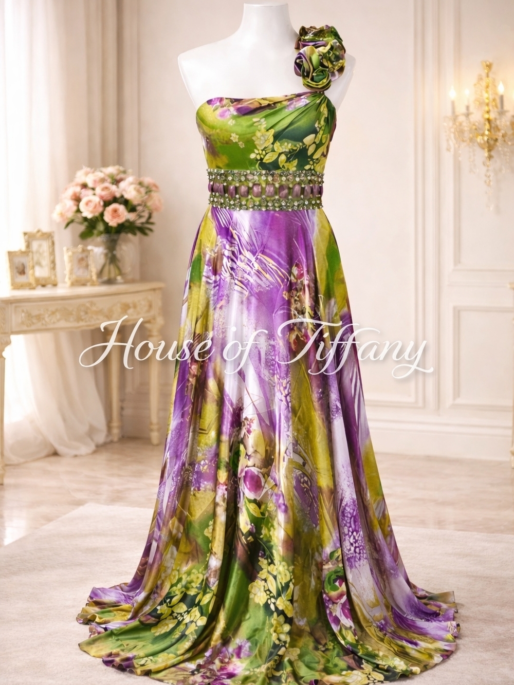 RARE Jovani Silk One Shoulder Floral Gown Size 6 | Couture